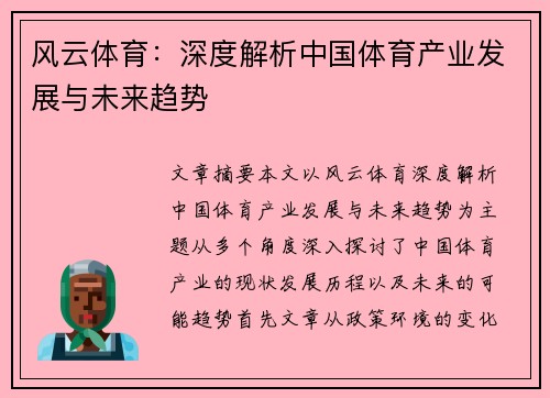 风云体育：深度解析中国体育产业发展与未来趋势